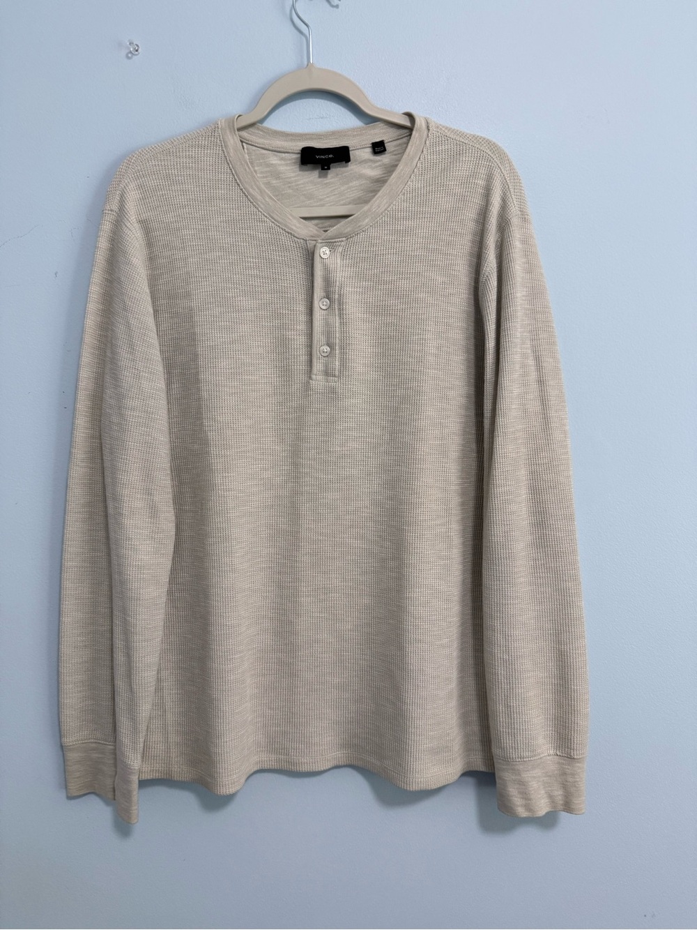 Vince Men’s M Beige Waffle Knit Henley Long Sleeve Cotton Blend Shirt